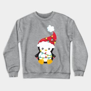 Christmas Penguin, Santa Hat, Christmas Lights Crewneck Sweatshirt